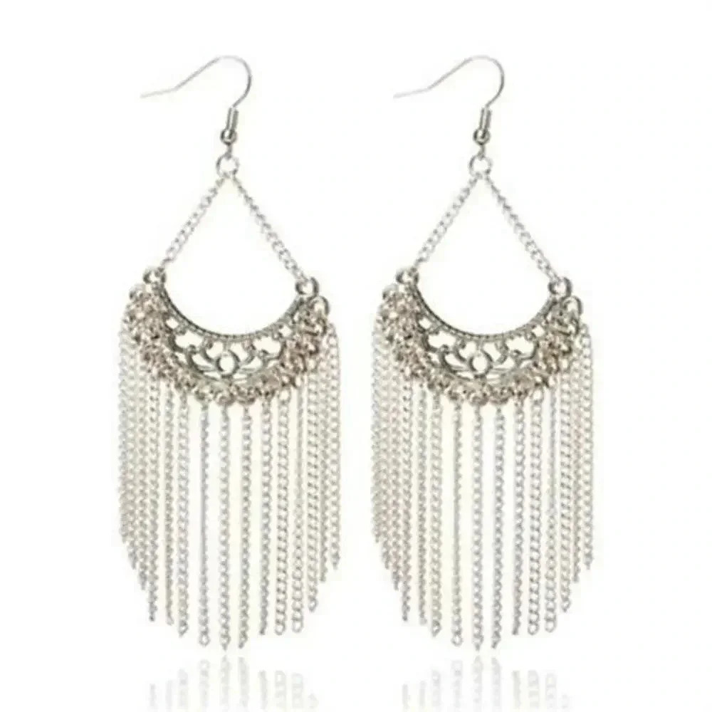 Austrian Crystal Long Earrings with Silver Chain Accents Clear
